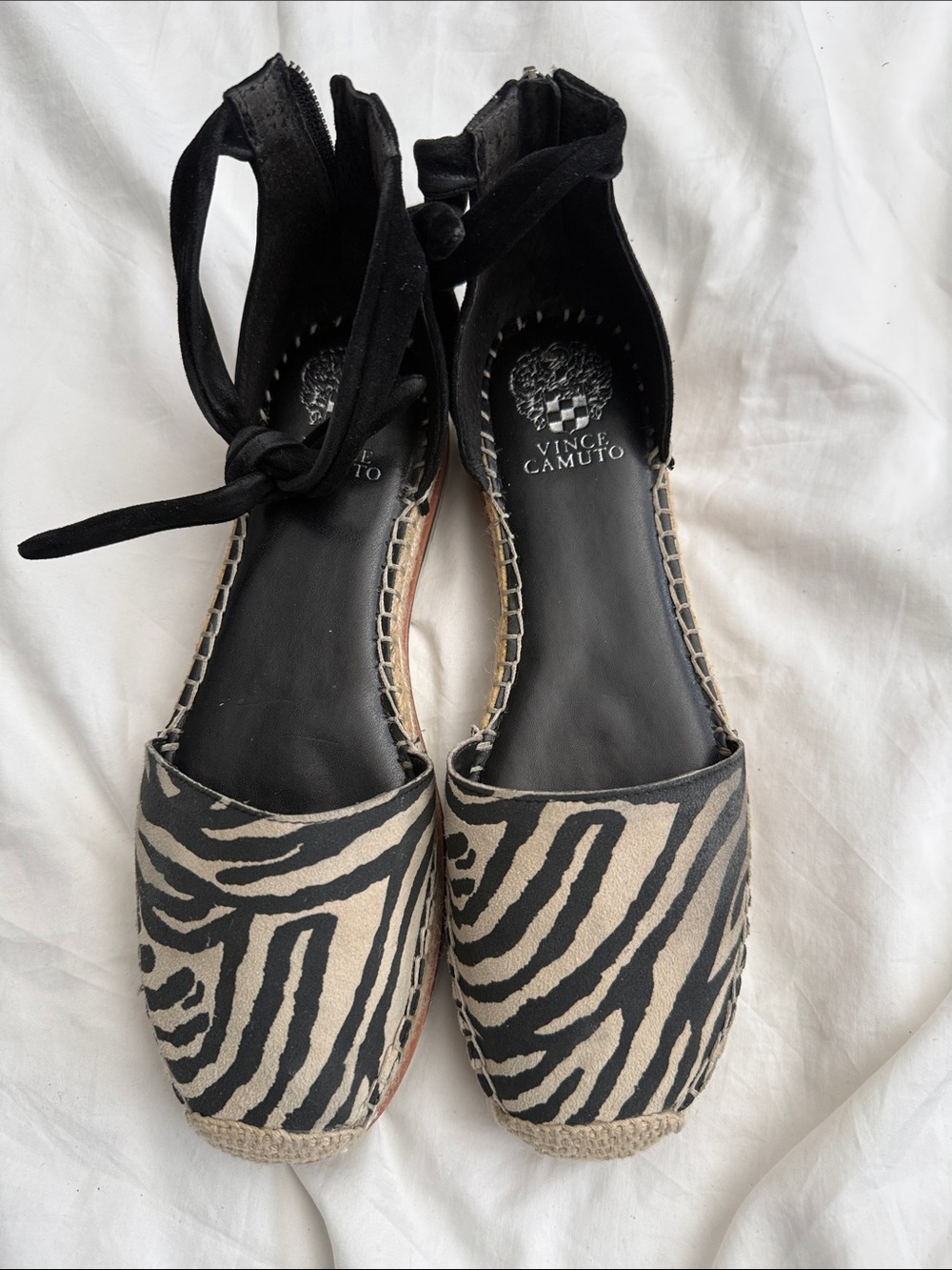 Vince Camuto Black and Cream Zebra Espadrille Flats with Ankle Ties
